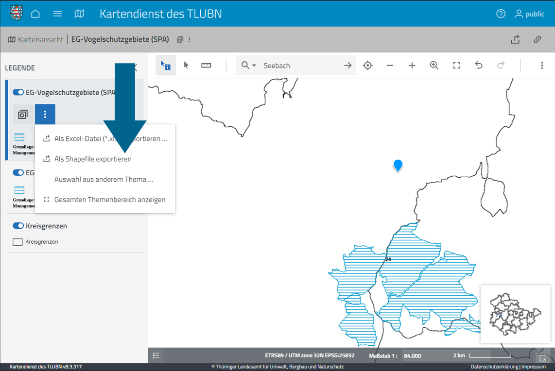 Screenshot EG-Vogelschutzgebiete dargestellt im Kartendienst des Thüringer Landesamt für Umwelt, Bergbau und Naturschutz
