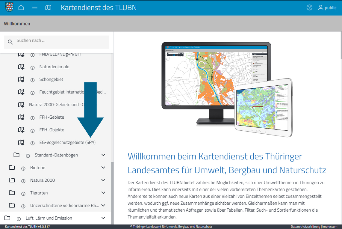 Screenshot der Startseite Kartendienst des Thüringer Landesamt für Umwelt, Bergbau und Naturschutz