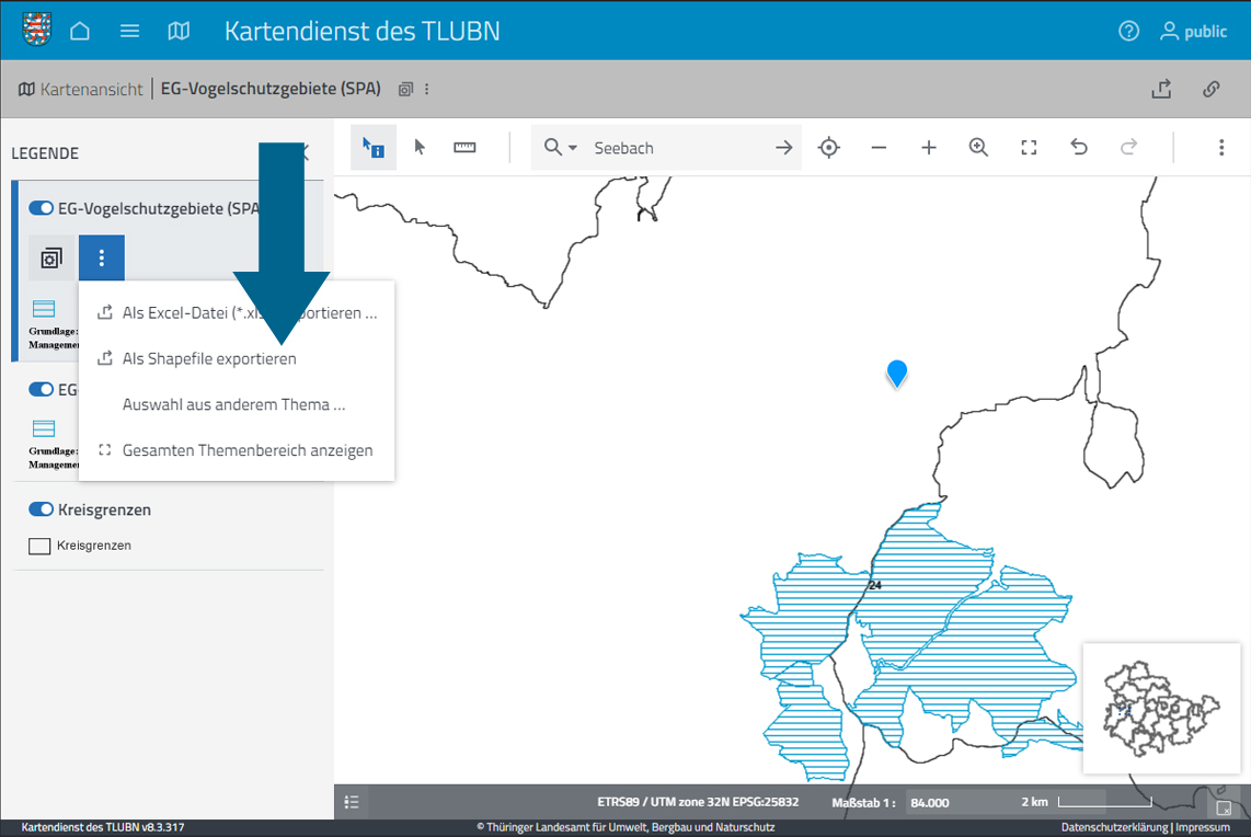 Screenshot EG-Vogelschutzgebiete dargestellt im Kartendienst des Thüringer Landesamt für Umwelt, Bergbau und Naturschutz Screenshot EG-Vogelschutzgebiete dargestellt im Kartendienst des Thüringer Landesamt für Umwelt, Bergbau und Naturschutz