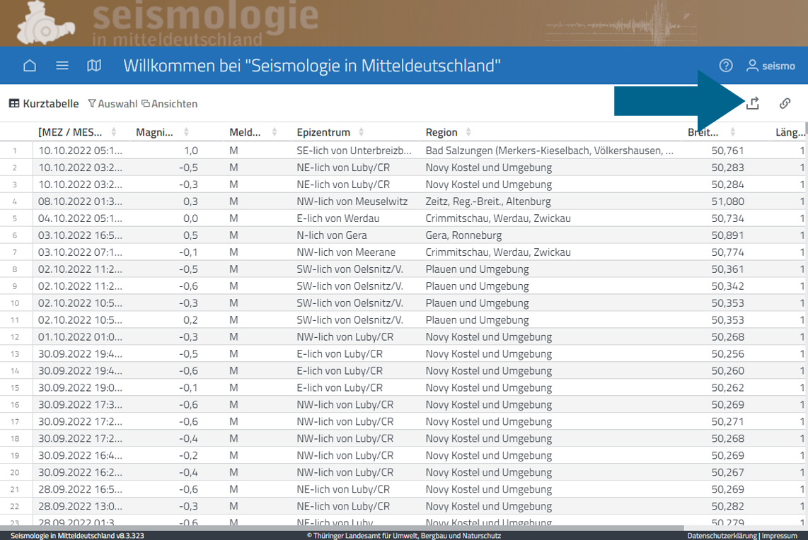 Screenshot der Seismologie in Mitteldeutschland dargestellt in einer Tabelle