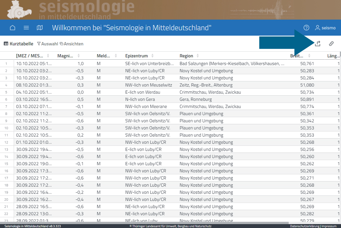 Screenshot der Seismologie in Mitteldeutschland dargestellt in einer Tabelle Screenshot der Seismologie in Mitteldeutschland dargestellt in einer Tabelle