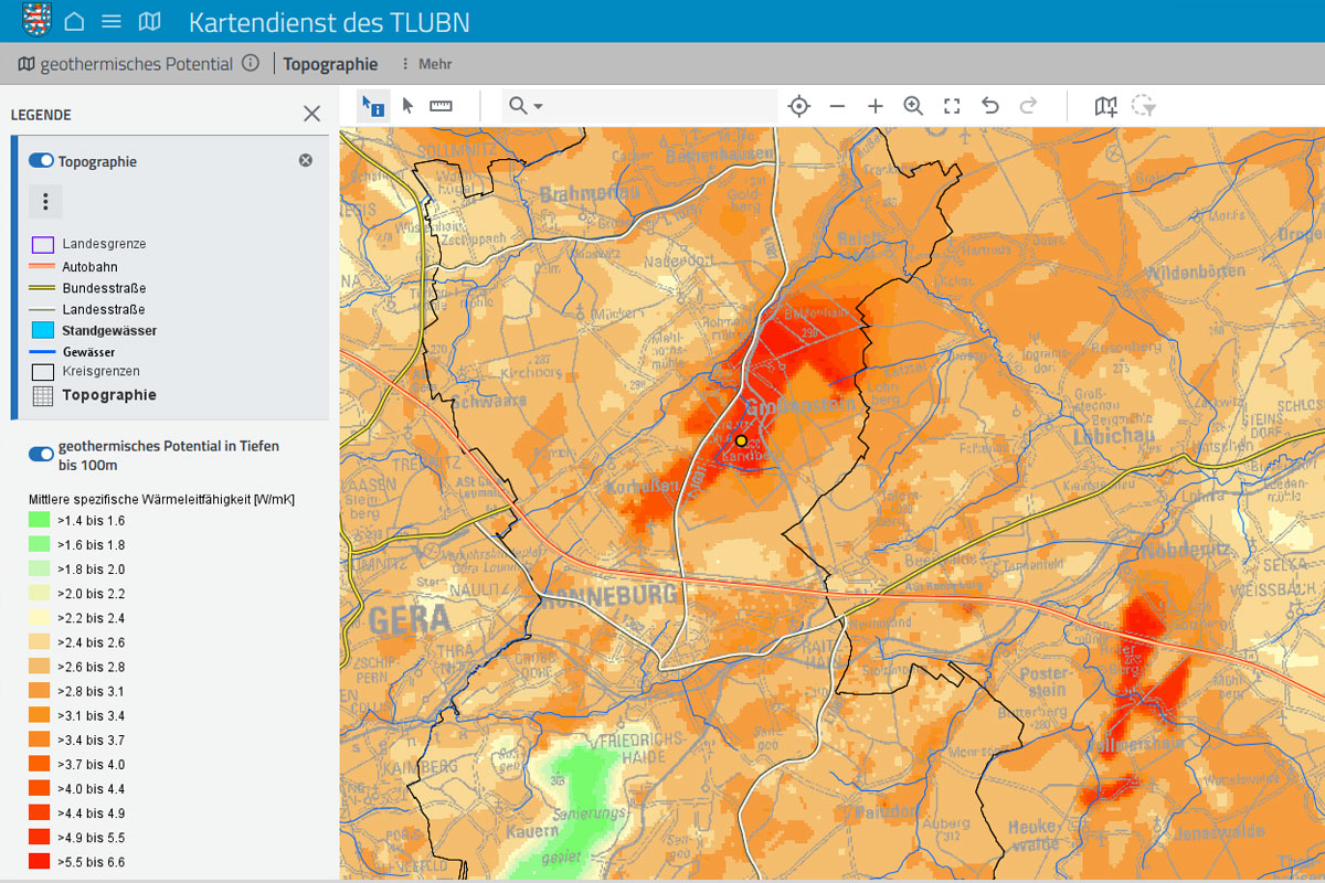 Kartenausschnitt geothermisches Potential in Tiefen bis 100 m