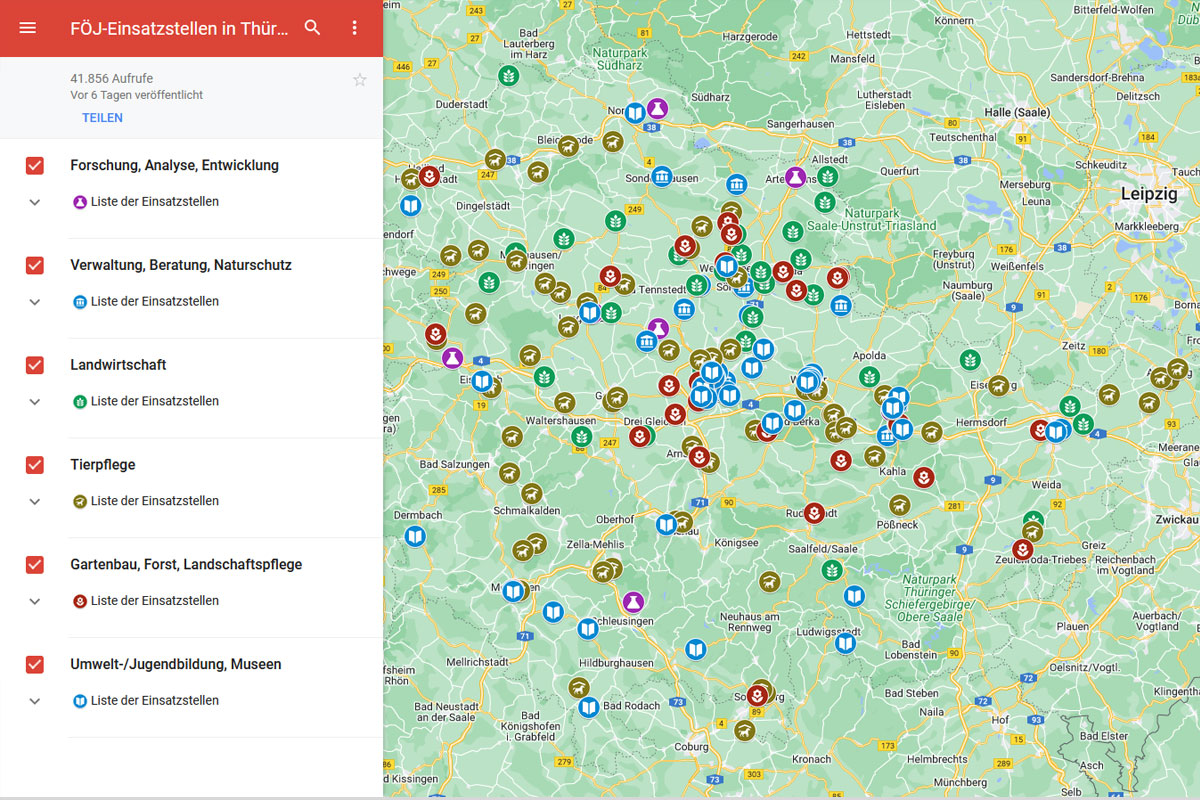 Karte der FÖJ-Einsatzstellen in Thüringen