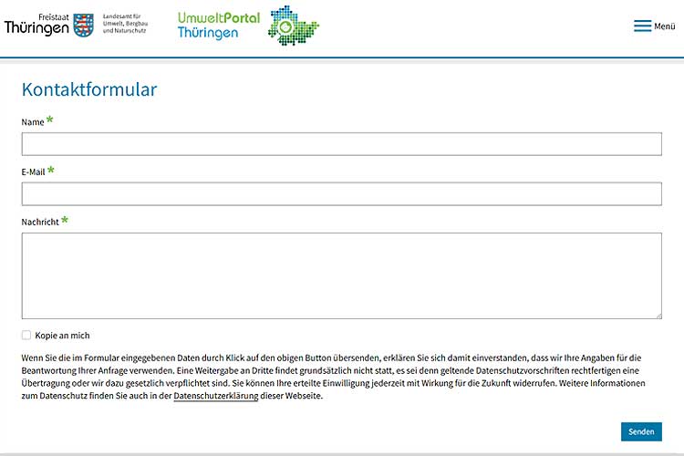 Kontaktformular im Umweltportal Thüringen